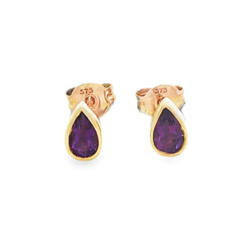 9ct yellow gold amethyst pear stud earrings.