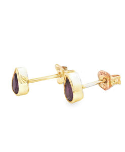 9ct yellow gold amethyst pear stud earrings.