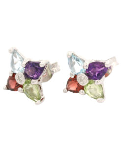 9ct White Gold Multi Gem and Diamond Cluster Earrings