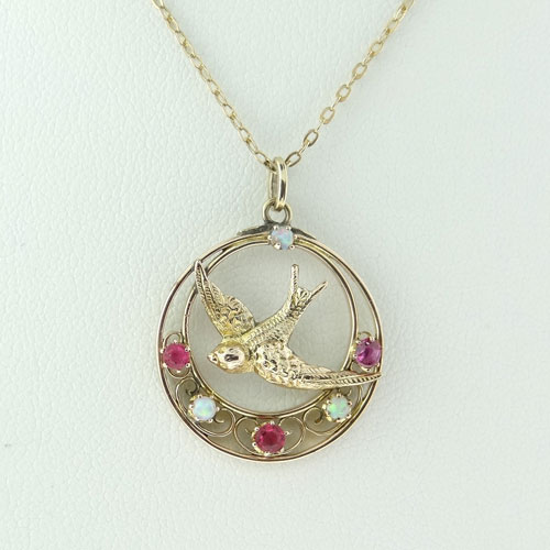 Vintage Ruby and Opal Swallow Pendant
