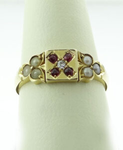 Victorian 18ct Gold Diamond, Ruby & Pearl Ring.