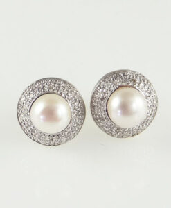 gold pearl and diamond halo earrings
