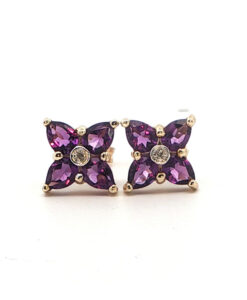 9ct Gold Amethyst and Diamond Cluster Stud Earrings