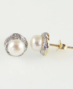 gold pearl and diamond swirl earrings