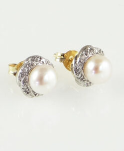 gold pearl and diamond swirl earrings