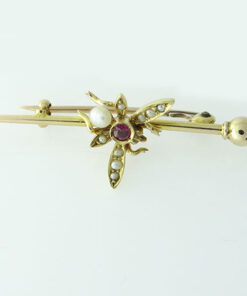 Gold Ruby and Seed Pearly Fly Brooch