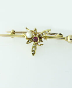 Gold Ruby and Seed Pearly Fly Brooch