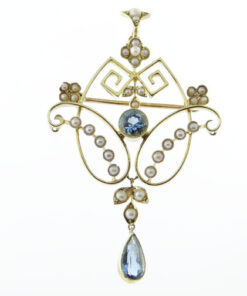 Antique Gold Blue Topaz and Seed Pearl Pendant