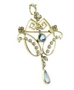 Gold Blue Topaz and Seed Pearl Pendant