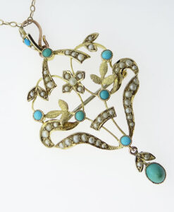 9ct Gold Turquoise and Seed Pearl Pendant c1900