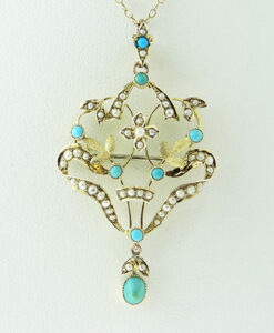 9ct Gold Turquoise and Seed Pearl Pendant c1900