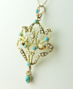 9ct Gold Turquoise and Seed Pearl Pendant c1900