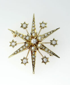 15ct Gold Diamond and Seed Pearl Star Brooch