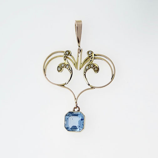 9ct Gold Blue Topaz and Seed Pearl Pendant
