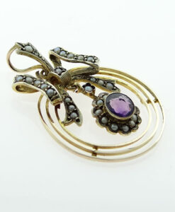 9ct Gold Amethyst and Pearl Bow Pendant c1900