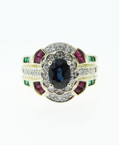 9ct Gold Diamond, Ruby, Emerald and Sapphire Cluster Ring