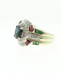 9ct Gold Diamond, Ruby, Emerald and Sapphire Cluster Ring