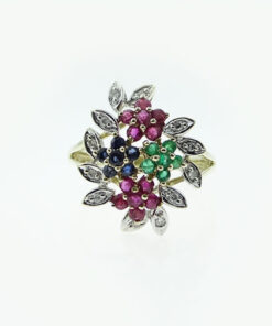 9ct Gold Diamond, Ruby, Emerald and Sapphire Flower Cluster Ring
