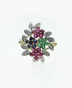 9ct Gold Diamond, Ruby, Emerald and Sapphire Flower Cluster Ring