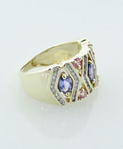 9ct Gold Tanzanite, Pink Sapphire and Diamond Band Ring