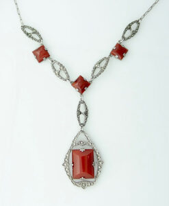 Vintage Sterling Silver Carnelian and Marcasite Necklace