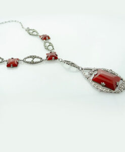 Vintage Sterling Silver Carnelian and Marcasite Necklace