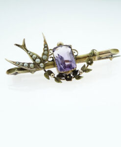 Victorian 9ct Gold Amethyst and Pearl Swallow Brooch