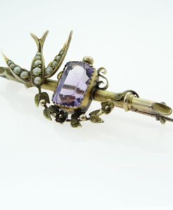 Victorian 9ct Gold Amethyst and Pearl Swallow Brooch