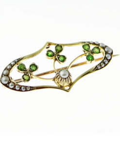 Antique 15ct Gold Green Garnet & Pearl Shamrock Brooch c1910