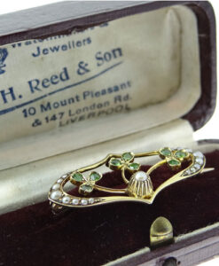 Antique 15ct Gold Green Garnet & Pearl Shamrock Brooch c1910