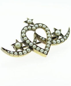 Antique 15ct Gold Pearl Heart, Star and Crescent Brooch c1900