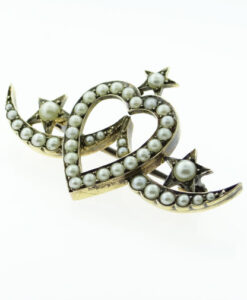 Antique 15ct Gold Pearl Heart, Star and Crescent Brooch c1900