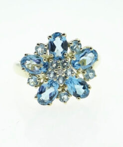 Blue Topaz and Diamond Cluster Ring in 9ct Yellow Gold