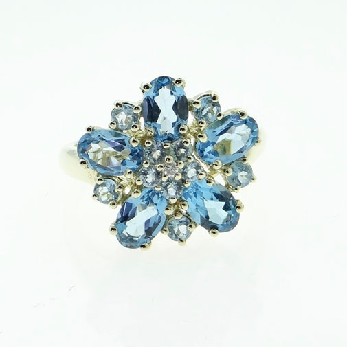 Blue Topaz and Diamond Cluster Ring in 9ct Yellow Gold