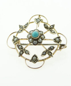 Antique 9ct Rose Gold Turquoise and Pearl Brooch or Pendant c1900