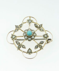 Antique 9ct Rose Gold Turquoise and Pearl Brooch or Pendant c1900