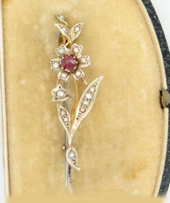 Antique 9ct Gold Garnet and Pearl Flower Brooch