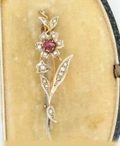 Antique 9ct Gold Garnet and Pearl Flower Brooch