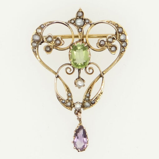 9ct Gold Peridot, Amethyst and Pearl Brooch or Pendant c1900