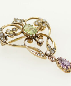 9ct Gold Peridot, Amethyst and Pearl Pendant c1900