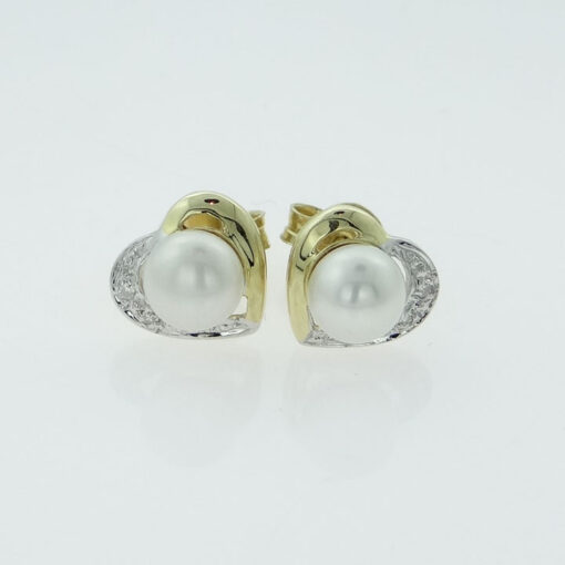 9ct Gold Cultured Pearl and Diamond Heart Earrings