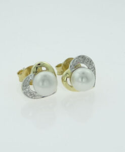 9ct Gold Cultured Pearl and Diamond Heart Earrings