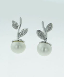Sterling Silver Pearl and Diamond Leaf Earrings