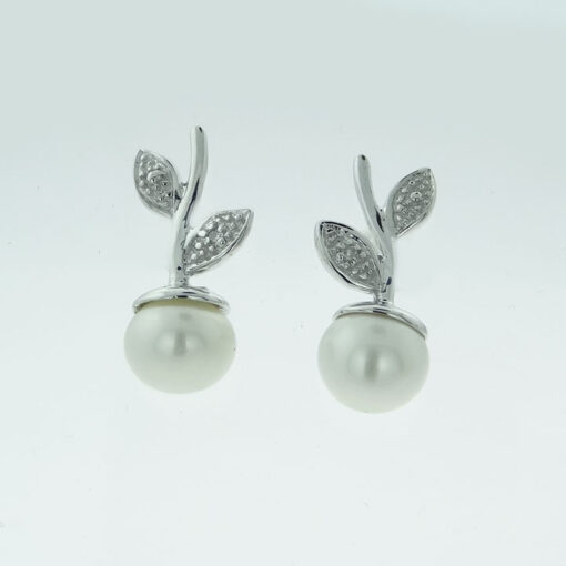 Sterling Silver Pearl and Diamond Leaf Earrings
