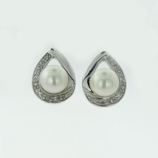 Sterling Silver Cultured Pearl and Diamond Earrings