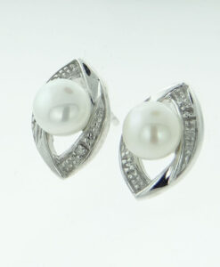 Silver Cultured Pearl and Diamond Earrings