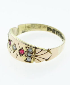 Victorian 9ct Gold Diamond, Ruby and Pearl Ring Chester 1888