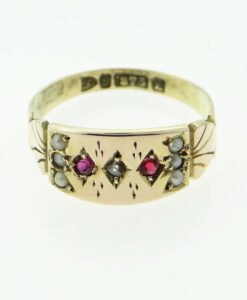 Victorian 9ct Gold Diamond, Ruby and Pearl Ring Chester 1888