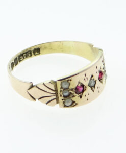 Victorian 9ct Gold Diamond, Ruby and Pearl Ring Chester 1888
