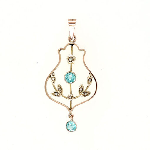 Antique Rose Gold Blue Topaz and Pearl Pendant c1900